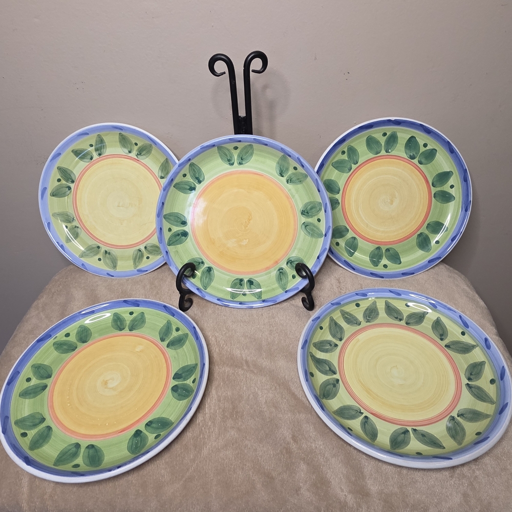 CALECA Hand-Painted Yellow, Green & Blue Leaf Ceramic Dinner Plates - Set of 5